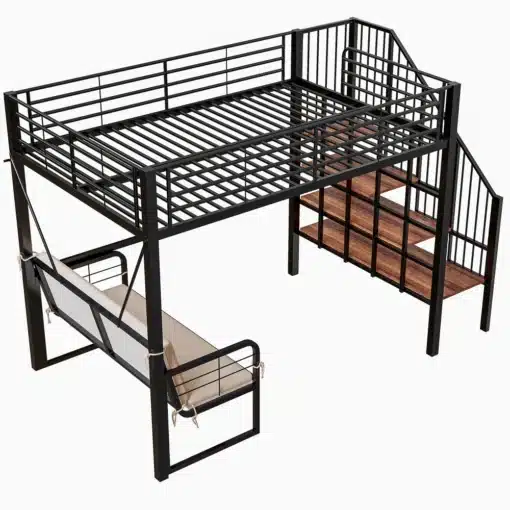 Narivoodi metallraamiga 140x200 cm panipaiga ja turvatrepiga | E-pood Tootemaailm Must metallraamiga loft-voodi trepi, riiulite ja all rippuva diivaniga