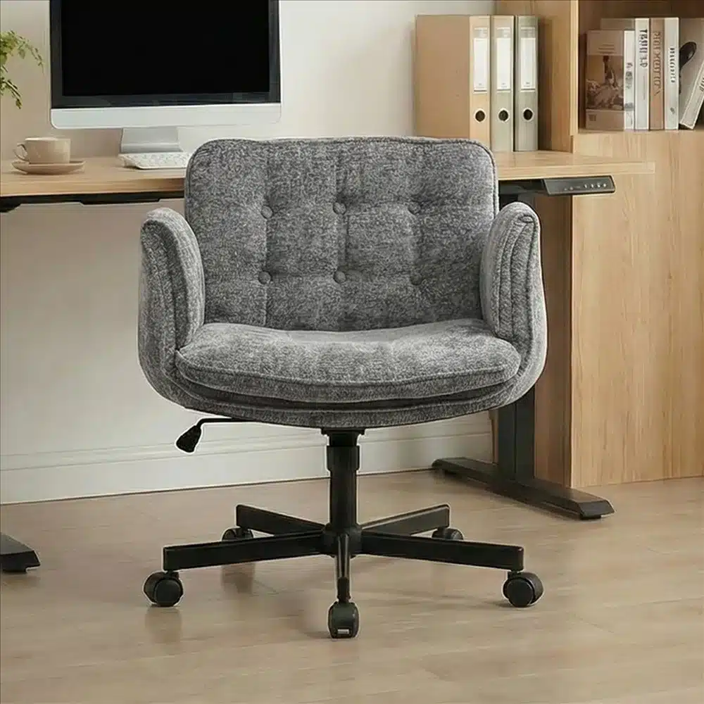 Hall hall office chair with grey upholstered seat, tufted backrest and black wheeled swivel base
