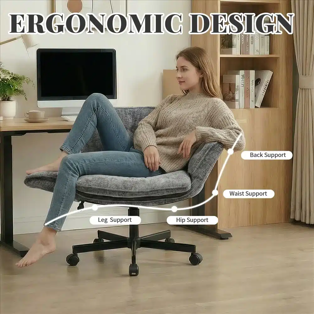 Naine istub ergonoomilisel toolil koduses töötoas, selja-, vöökoha-, puusa- ja jalatoega