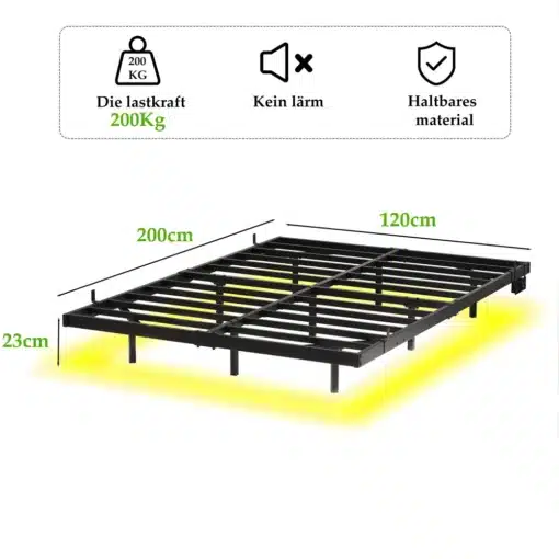 Voodi raam 120x200 led-valgustuse ja laadimisjaamaga metallist | E-pood Tootemaailm Must voodi metallraam mõõtudega 200 x 120 cm, kandevõime 200 kg ja 23 cm kõrgus