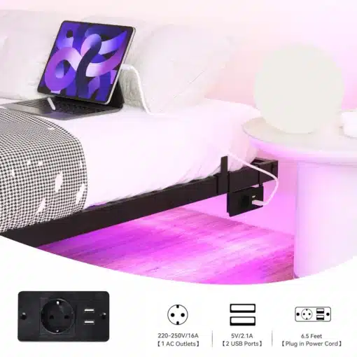 Voodi raam 120x200 led-valgustuse ja laadimisjaamaga metallist | E-pood Tootemaailm Voodi külge kinnitatud pistikupesa ja USB laadimispaneel koos voolukaabliga