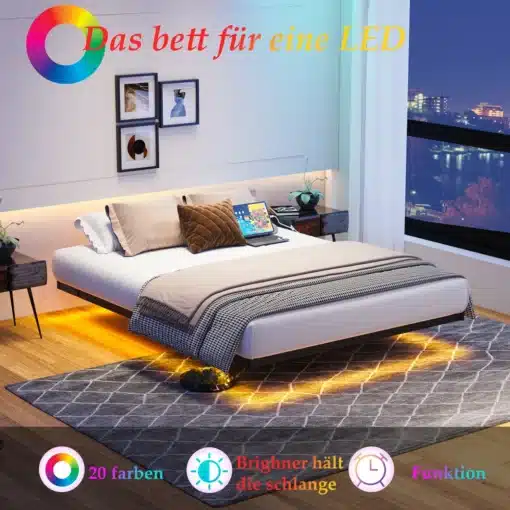 Voodi raam 120x200 led-valgustuse ja laadimisjaamaga metallist | E-pood Tootemaailm Kaasaegne voodi LED-valgustusega ja öise linnavaatega magamistoas