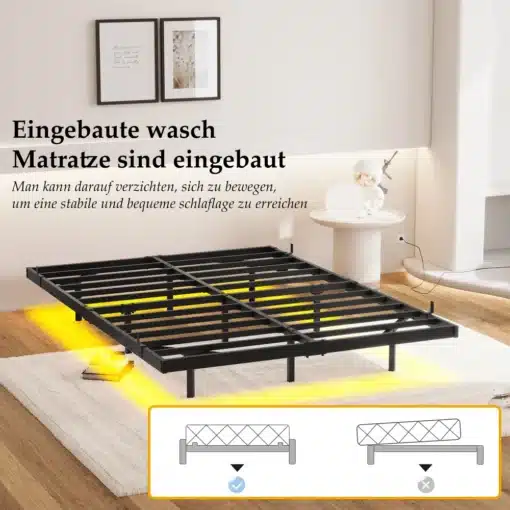 Voodi raam 120x200 led-valgustuse ja laadimisjaamaga metallist | E-pood Tootemaailm Must metallist voodiraam magamistoas vaibaga, öökapiga ja seinafotodega