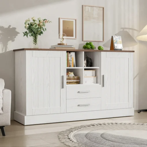 Puidust kummut valge ja pruuni nikerdatud viimistlusega 140x40x79,5 cm | E-pood Tootemaailm Valge ja puidutooni pealsega kummut kahe ukse, avatud riiulite ja kahe sahtliga.