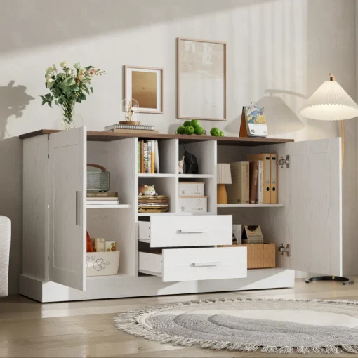 Puidust kummut valge ja pruuni nikerdatud viimistlusega 140x40x79,5 cm | E-pood Tootemaailm Valge madal kapp kahe uksega, lahtiste riiulite ja kahe sahtliga, koduses interjööris