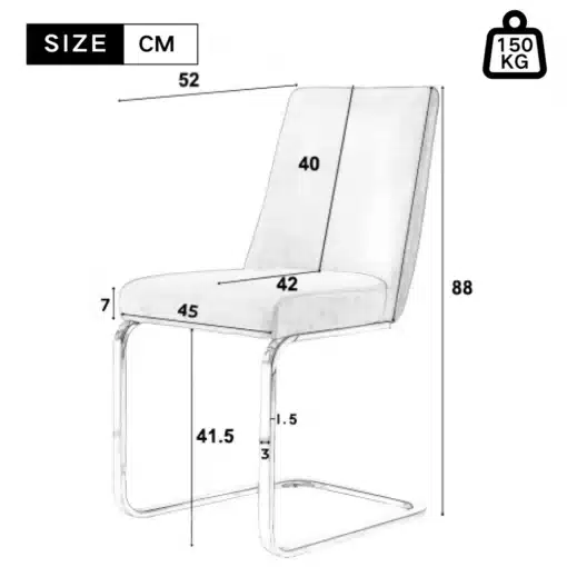 Stiilsed sametised toolid metallist jalgadega | E-pood Tootemaailm Tugitooltooli mõõtude joonis: kõrgus 88 cm, istme kõrgus 41,5 cm, iste 45 cm, seljatugi 40 cm, sügavus 52 cm