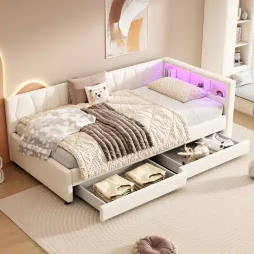Päevavoodi 90x200cm kahe sahtliga ja LED valgustusega | E-pood Tootemaailm Valge polsterdatud voodi kahe sahtliga ja peatsis pehme LED-valgustus