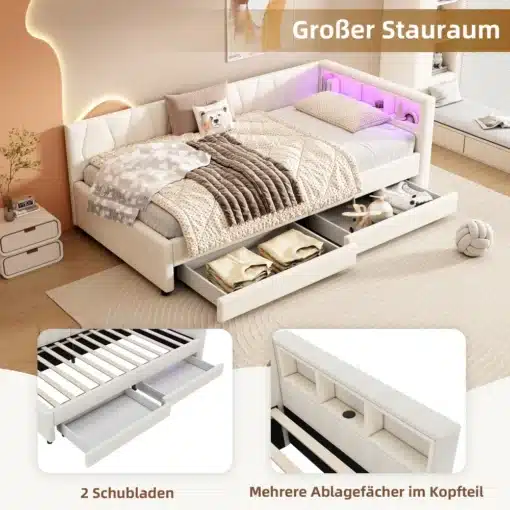Päevavoodi 90x200cm kahe sahtliga ja LED valgustusega | E-pood Tootemaailm Valge polsterdatud voodi kahe sahtliga ja peatsis olevate panipaikadega