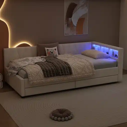 Päevavoodi 90x200cm kahe sahtliga ja LED valgustusega | E-pood Tootemaailm Hele tooniga polsterdatud voodi, pehme voodipesu, dekoratiivpadjad ja LED-valgustusega magamistuba