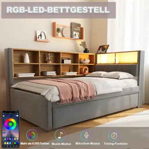 Halliga halli taustaga RGB-LED voodi peatsiga ja riiulitega, telefonirakenduse värvide juhtimine