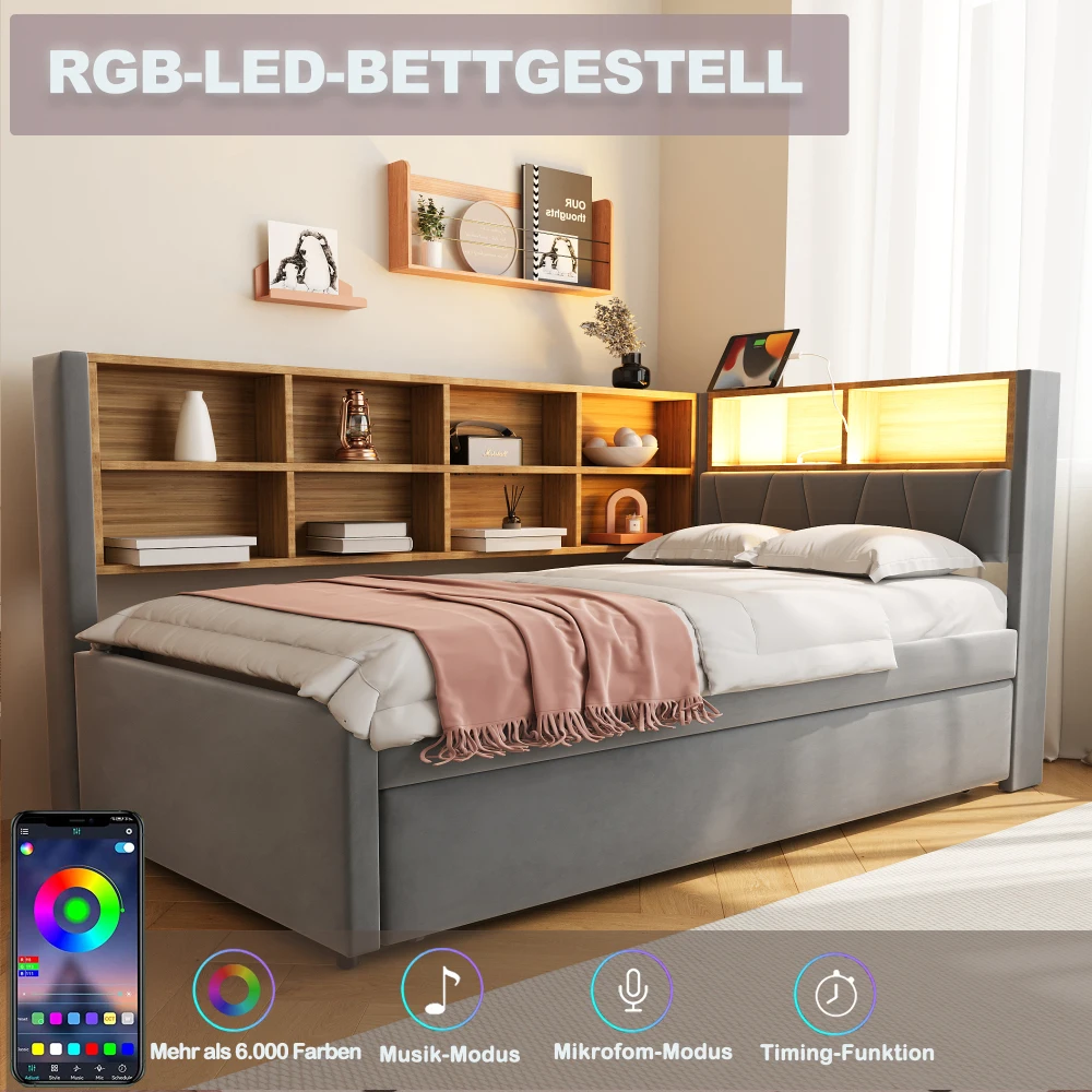 Hall halli peatsiga voodi ja integreeritud riiulid, taustvalgustusega voodipeats ning nutitelefoni RGB-valguse juhtimise ekraan