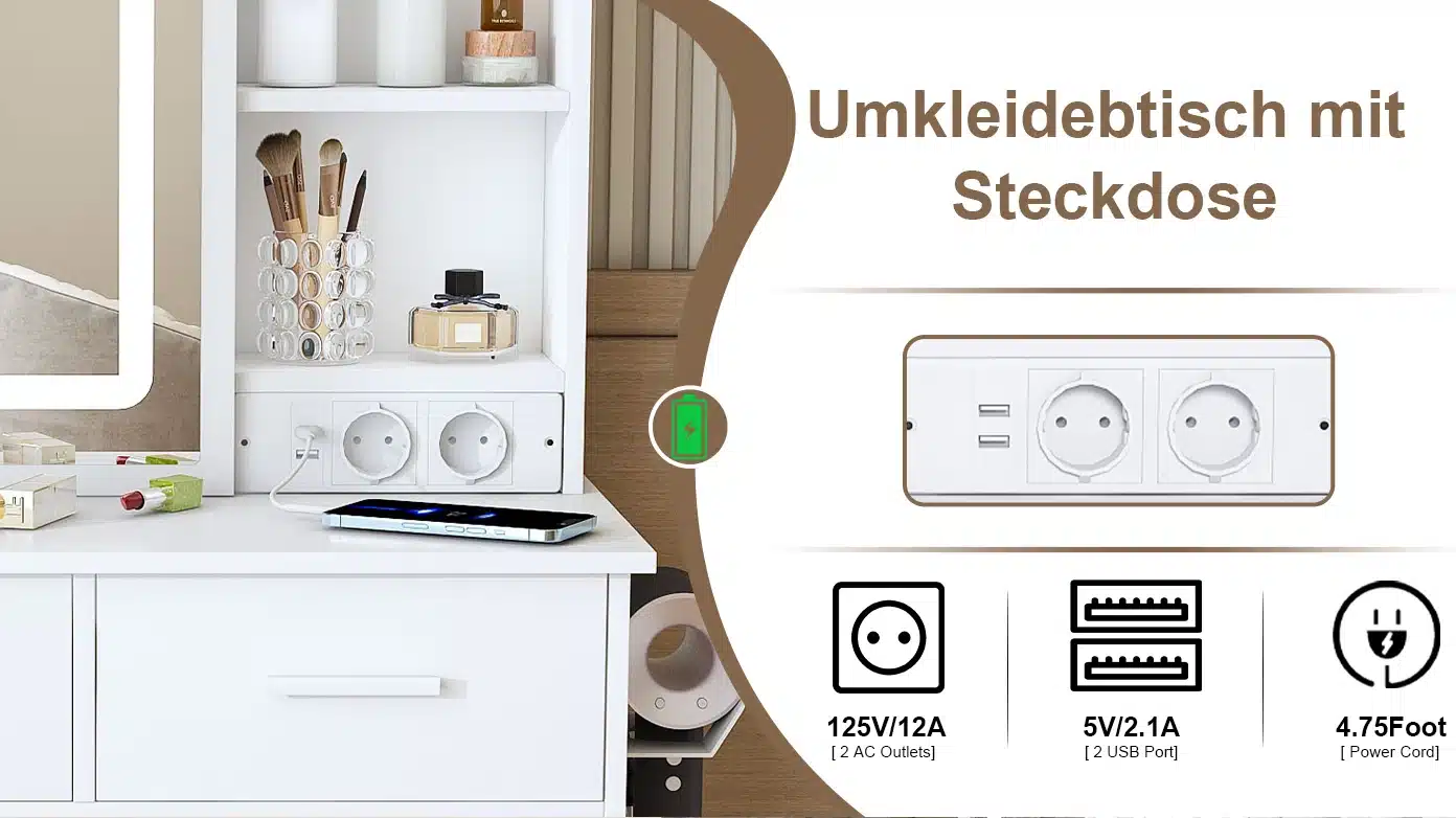Valge meigilaud kahe pistikupesa ja USB-pordiga, pildil näha ka juhtmeühendus