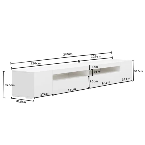 Tv-alus valge läikiva paneeliga ja muudetava led-valgustusega | E-pood Tootemaailm Valge madal telerialus või kapp mõõtudega 240 x 38,5 x 35,5 cm, avatud riiulitega