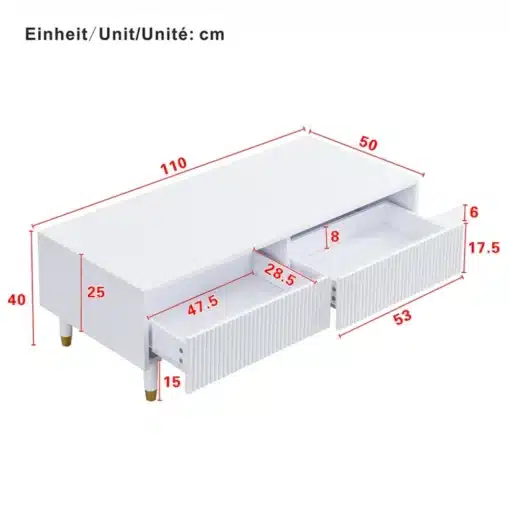 Diivanilaud kahe sahtli ja värvimuutva valgusribaga | E-pood Tootemaailm Valge kaks sahtliga kapp mõõtmetega 110 x 50 cm, joonisel märgitud mõõdud