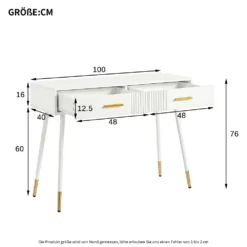 Valge kahe sahtliga laud mõõtudega 100×40×76 cm, joonisel märgitud detailmõõdud