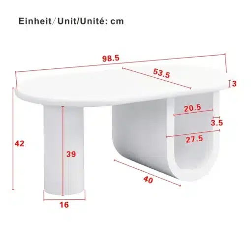 Valge kohvilaud kahe sahtliga modernse disainiga | E-pood Tootemaailm Valge ovaalne laud mõõtudega 98,5 × 53,5 cm ja kõrgus 42 cm, mõõtjoontega skeem