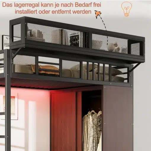 Lastetoa kõrge voodi metallist 90×200 cm LED valguse ja riidekapiga | E-pood Tootemaailm Metallist voodi ülemise panipaiga ja garderoobiga, must raam, pilt toatootest