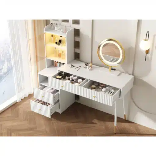 Meigilaua komplekt LED valgustusega ja sahtlitega | E-pood Tootemaailm Valge tualettlaud sahtlite, peegli ja kosmeetika hoiuruumiga