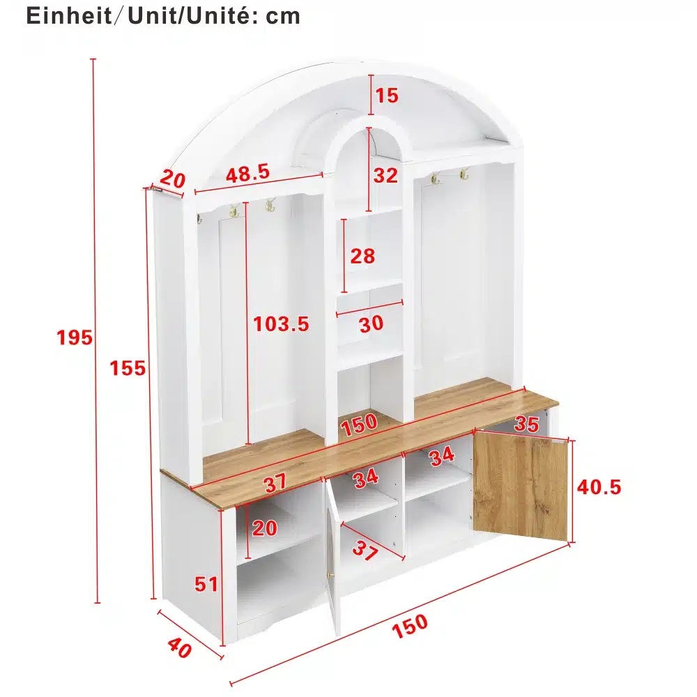 Valge ja puidutooniga kapiga mööbliese mõõtudega 150 × 40 × 195 cm, joonisel märgitud lahtrid ja ukseosad