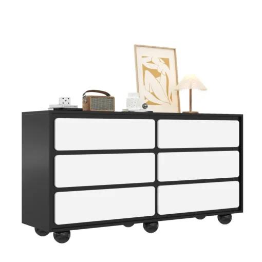 Kummut 6 sahtliga modernne disain 140×38×74,5 cm | E-pood Tootemaailm Mustvalge kuue sahtliga ratastel kummut, kaunistustega peal