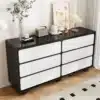 Kummut 6 sahtliga modernne disain 140×38×74,5 cm | E-pood Tootemaailm Mustvalge kuue sahtliga madal kummut musta korpusega elutoas