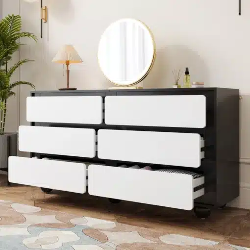 Kummut 6 sahtliga modernne disain 140×38×74,5 cm | E-pood Tootemaailm Mustvalge kummut kuue sahtliga elutoas, ümmarguse peegli ja dekoratsioonidega