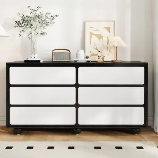 Kummut 6 sahtliga modernne disain 140×38×74,5 cm | E-pood Tootemaailm Mustvalge kuue sahtliga kummut musta raamiga heledas interjööris