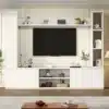Elutoa sektsioon 4-osaline riiulite ja telerialusega | E-pood Tootemaailm Valge TV-seinariiul ja kapisüsteem musta televiisoriga, avatud riiulite ja kaunistustega