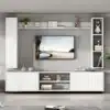 Elutoa sektsioon 4-osaline riiulite ja telerialusega | E-pood Tootemaailm Modernne valge ja hall TV-seinakomplekt riiulite ning kapiga