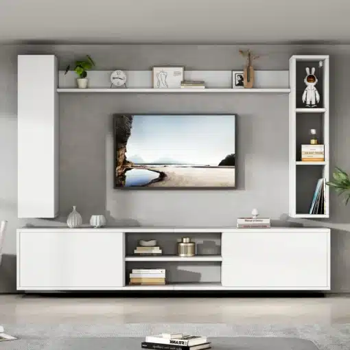 Elutoa sektsioon 4-osaline riiulite ja telerialusega | E-pood Tootemaailm Modernne valge ja hall TV-seinakomplekt riiulite ning kapiga