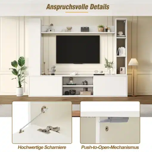 Elutoa sektsioon 4-osaline riiulite ja telerialusega | E-pood Tootemaailm Valge TV-seinakomplekt elutoas, avatud riiulite ja push-to-open mehhanismiga kapiuksed