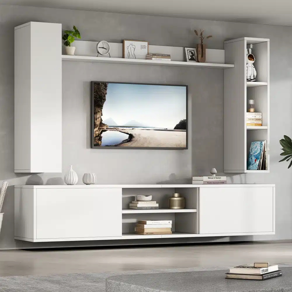 Valge modulaarne TV-seinariiulitega elutoa mööbel, seinale kinnitatud teleriga