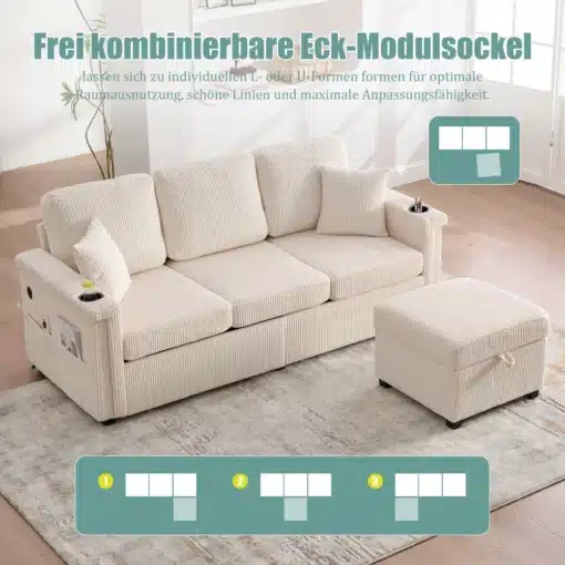 Moodsad diivanid LED-valgustusega ja USB-C pesaga, panipaiga ja sahtlitega | E-pood Tootemaailm Helebeež sooniline mooduldiivan tumbaga elutoas, näidatud erinevate paigutusvõimalustega