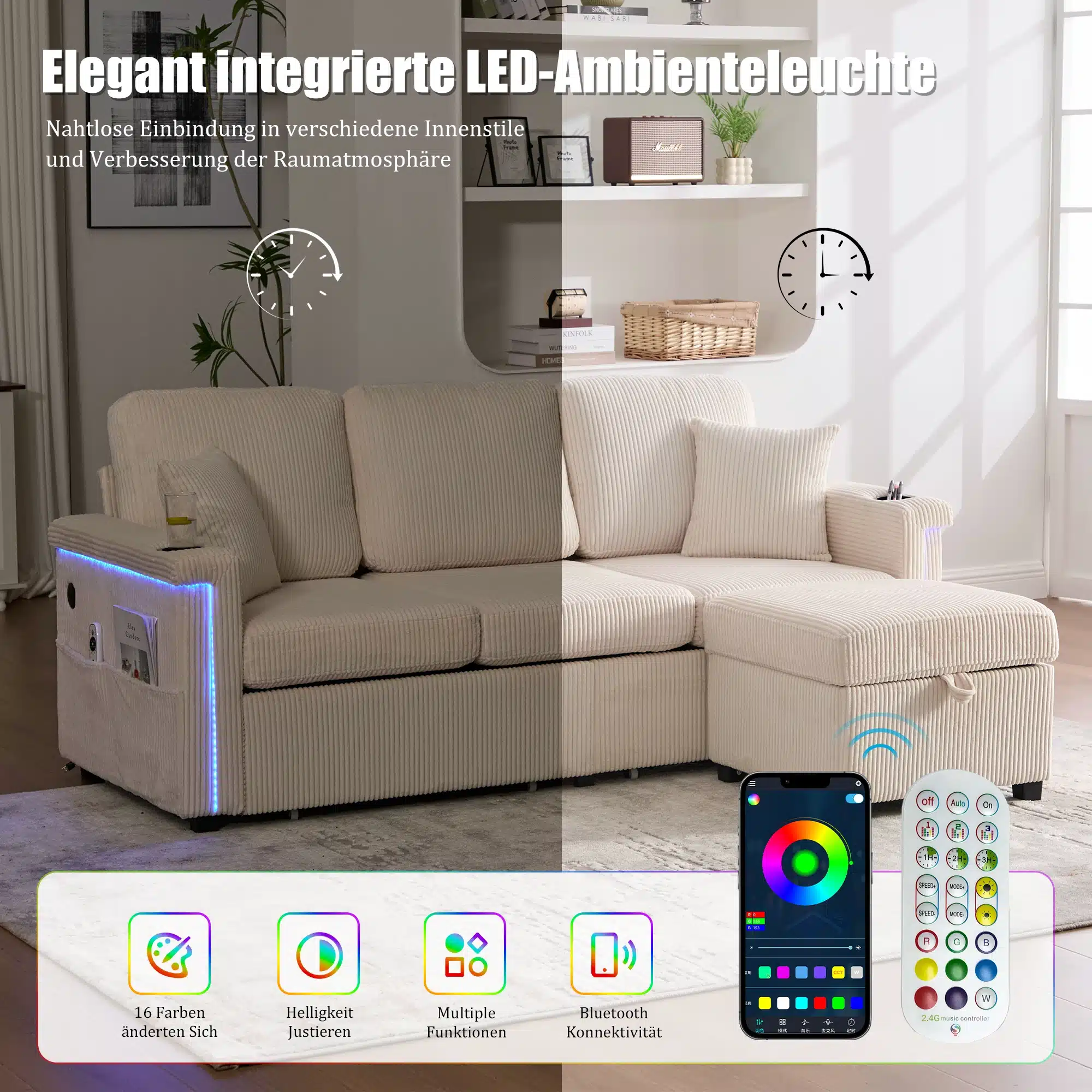 Beež nurgadiivan sisseehitatud LED-valgustuse, Bluetoothi ja telefonirakenduse juhtimisega