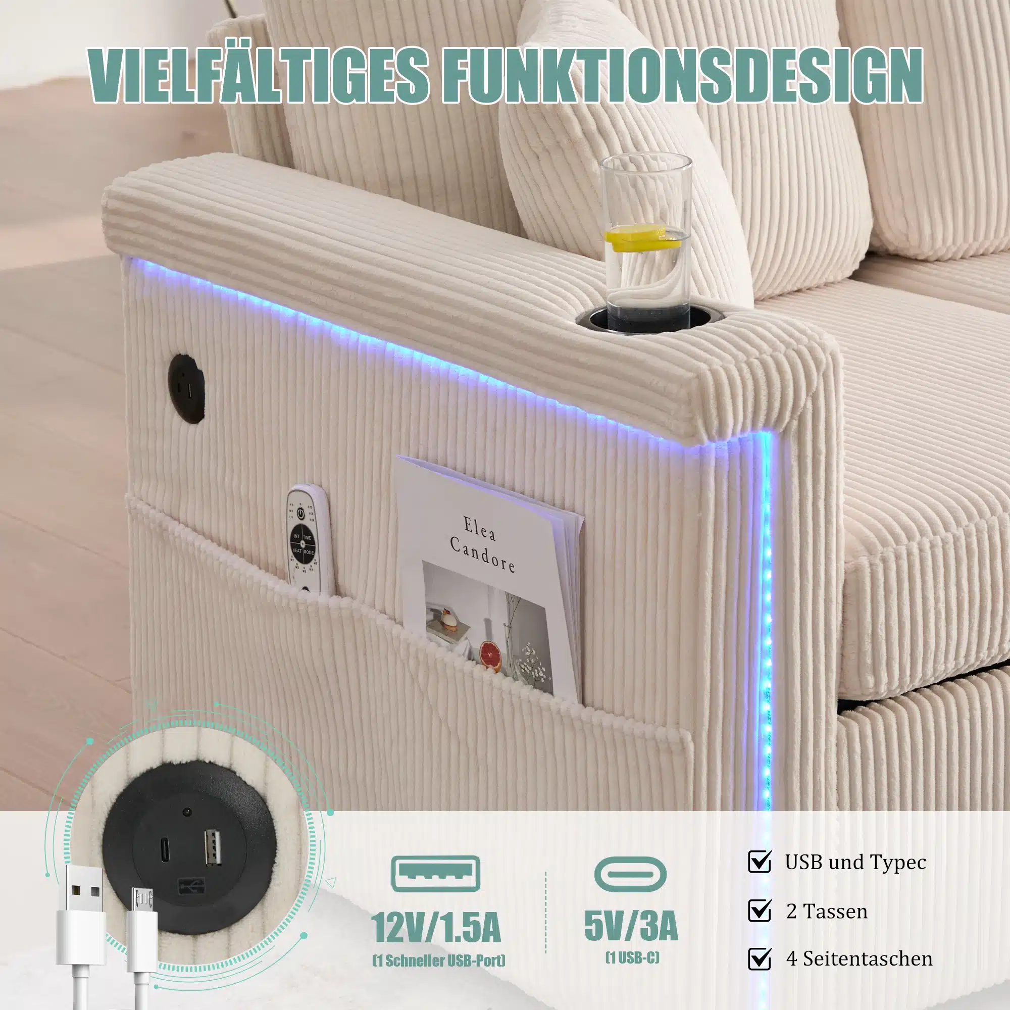Beež sooneline diivan USB-pordi, topsihoidja ja küljetaskutega