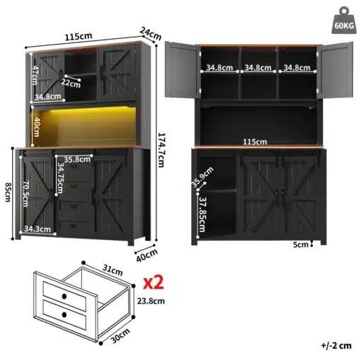 Köögikapp liugustega ja LED valgustusega 115×40×174,7 cm | E-pood Tootemaailm Musta kõrge kapp mõõtudega 115 x 40 x 174,7 cm, ukse- ja sahtliosadega ning mõõtjoontega skeem