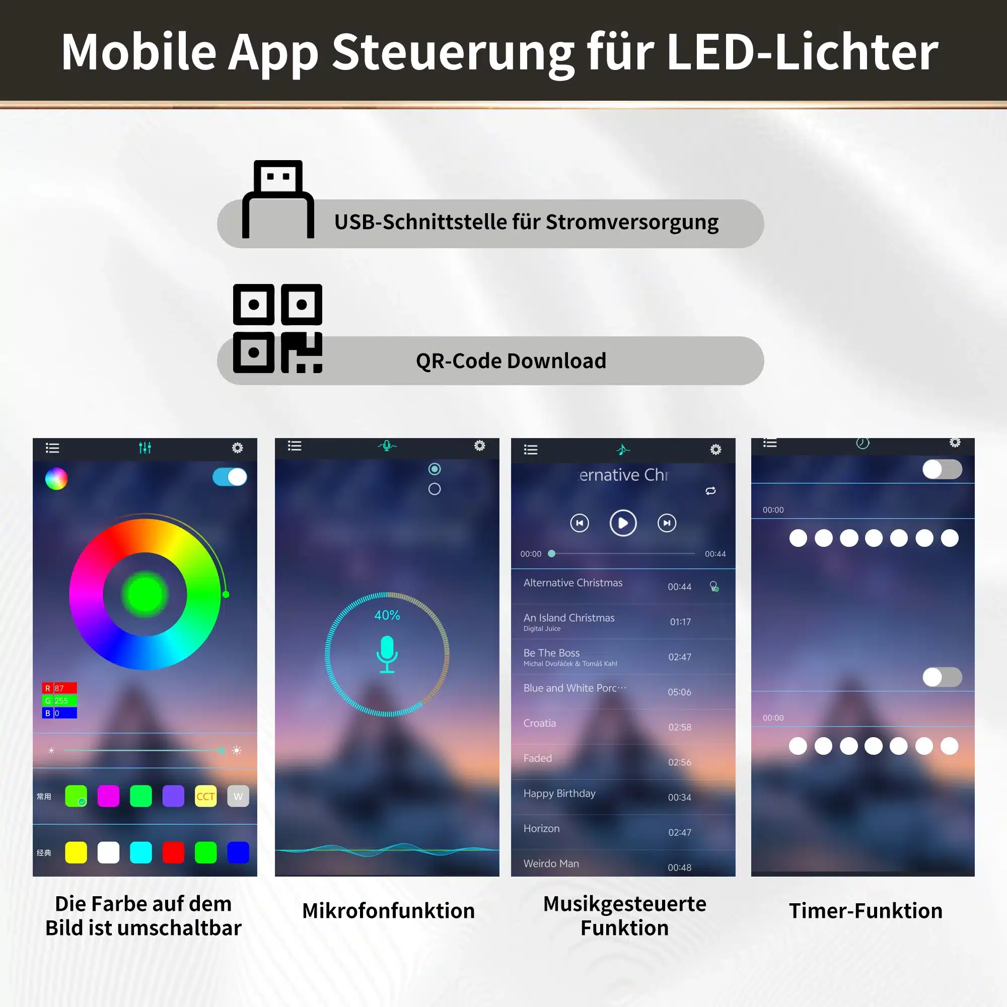 LED-valgustite mobiilirakenduse juhtimise reklaam koos QR-koodi allalaadimise ja USB-toite märkidega.