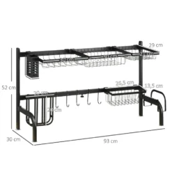 Must metallist kahetasandiline riiul kööki, mõõtudega 93 x 30 x 52 cm, korvide ja konksudega