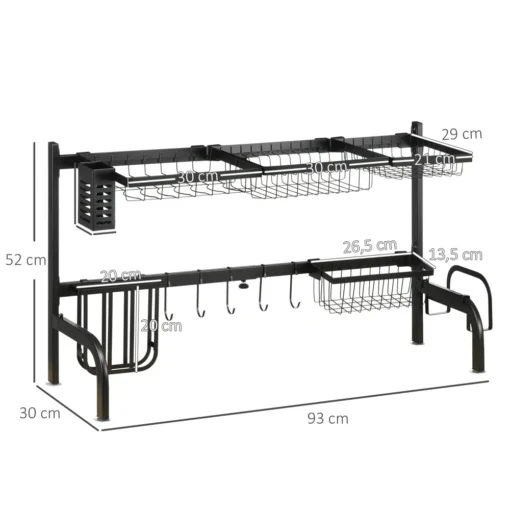 Nõuderest mustast terasest, reguleeritav 51–93 cm ja tilanõuga | E-pood Tootemaailm Must metallist kahetasandiline riiul kööki, mõõtudega 93 x 30 x 52 cm, korvide ja konksudega