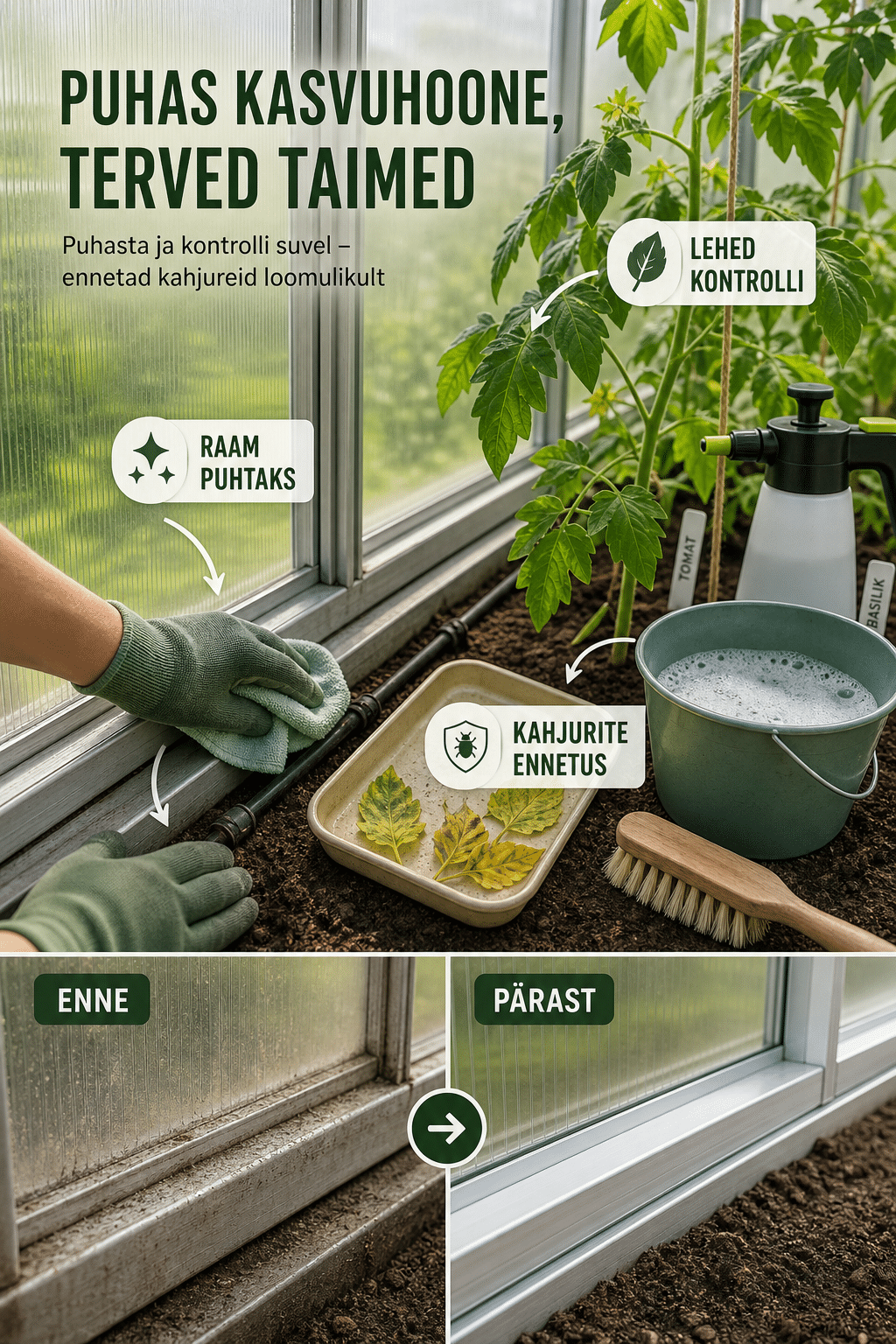 Kasvuhoone puhastustarvikud ja taimede kontroll suvel