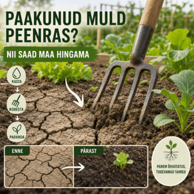 Paakunud muld peenras? Nii saad maa hingama | E-pood Tootemaailm Paakunud muld peenras ja aiahark mulla kobestamiseks