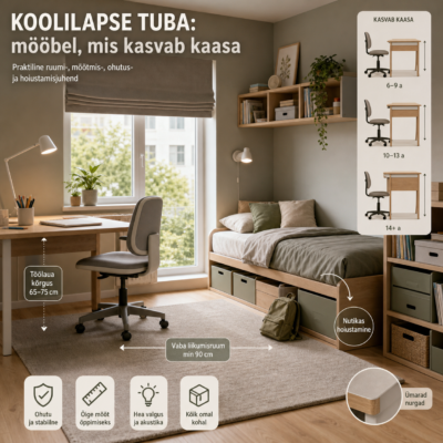 Koolilapse tuba: mööbel, mis kasvab kaasa | E-pood Tootemaailm hubane koolilapse tuba kirjutuslaua, voodi ja hoiukastidega