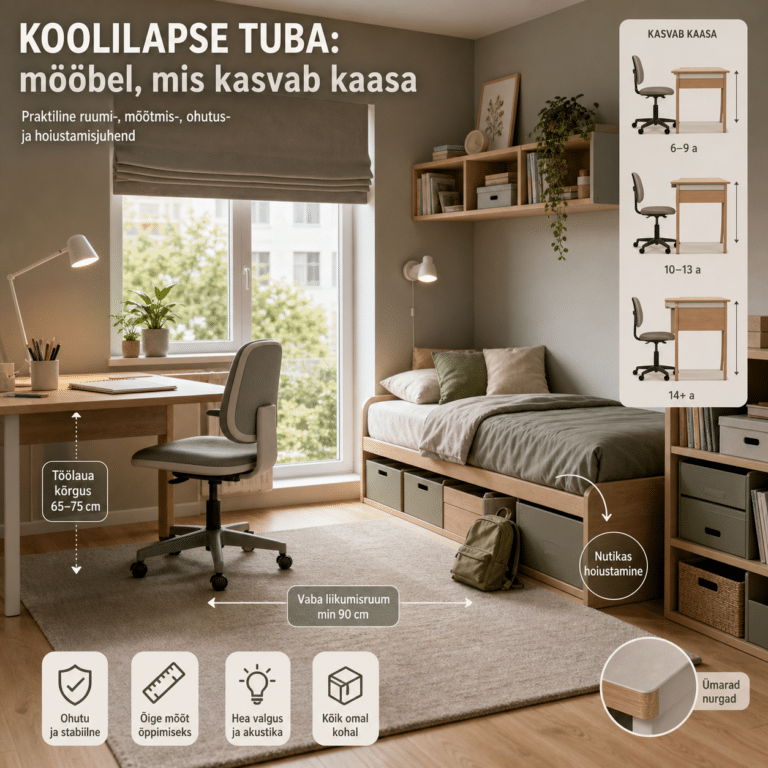 Koolilapse tuba: mööbel, mis kasvab kaasa | E-pood Tootemaailm hubane koolilapse tuba kirjutuslaua, voodi ja hoiukastidega