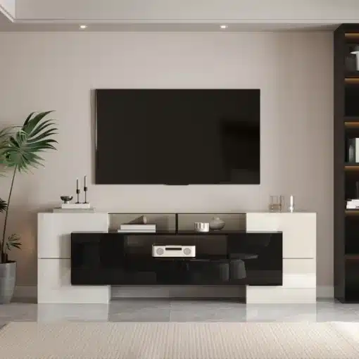 Tv-alus kõrgläikega valge-must, 200 cm, led-valgustusega klaaspind | E-pood Tootemaailm Modernne elutoa TV-sein valge ja musta madalkapiga, seinal lameekraan, dekoratsioonid ja taim