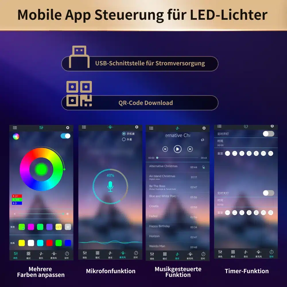 LED-tulede mobiilirakenduse juhtimise ekraanid: värvide valik, mikrofon, muusikarežiim ja taimer