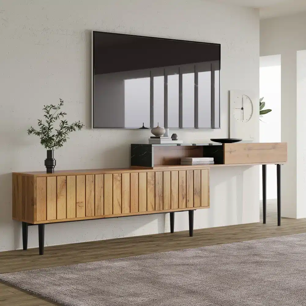 Puidust kapp mustade jalgadega minimalistlikus elutoas