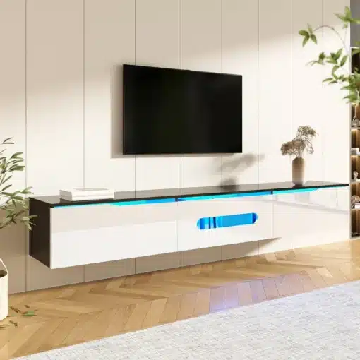Tv-alus kõrgläikega pinnaga ja 16-värvilise led-valgustusega 180 cm | E-pood Tootemaailm Seinale kinnitatud minimalistlik telerialus musta ja valge viimistlusega, sinise LED-valgustusega