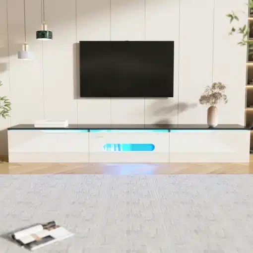 Tv-alus kõrgläikega pinnaga ja 16-värvilise led-valgustusega 180 cm | E-pood Tootemaailm Moodne valge TV alus sinise valgustusega ja seinale kinnitatud televiisor elutoas