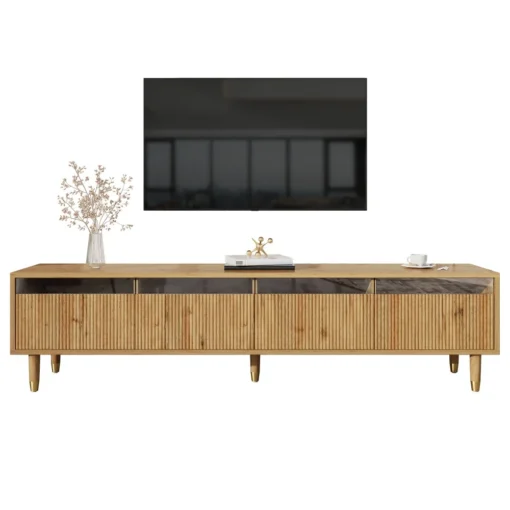 Tv-alus 178 cm minimalistliku disaini ja nelja suure sahtliga | E-pood Tootemaailm Puidust telerialus ribifronti ja avatud ülaosaga, seinala tv all.
