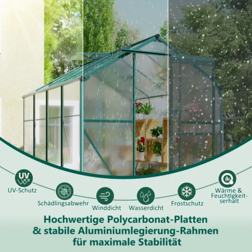 Kasvuhoone alumiiniumist karkassiga 4,75 m² ja liuguksega | E-pood Tootemaailm Polükarbonaatpaneelidest kasvuhoone alumiiniumraamiga, vihma ja tuule käes